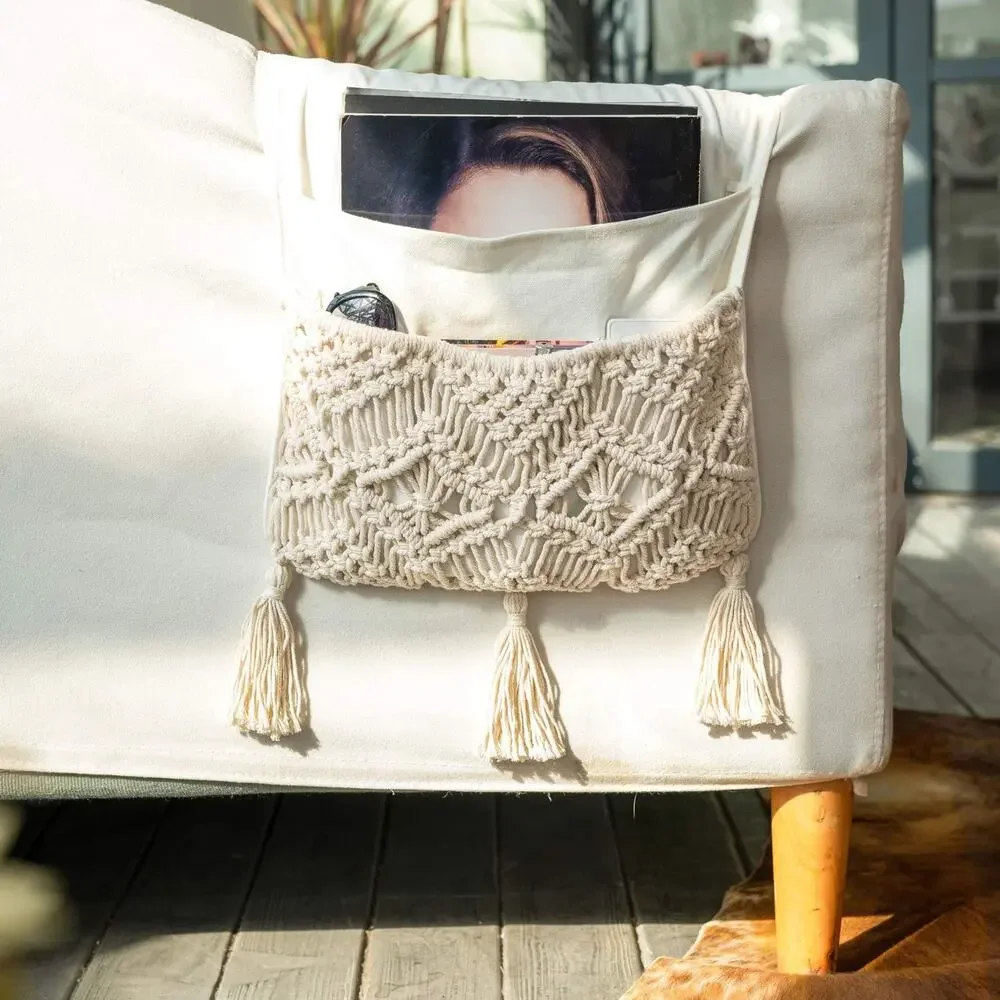 Couch Arm Organizer Macrame Sofa Caddy Storage Pocket Remote Holder Boho Cotton